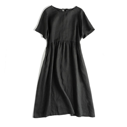 Original Women Cotton Linen Midi Dresses Summer Chic Female Vestidos Loose Soild A-Line Dress Short Puffy Sleeve Casual Sundress