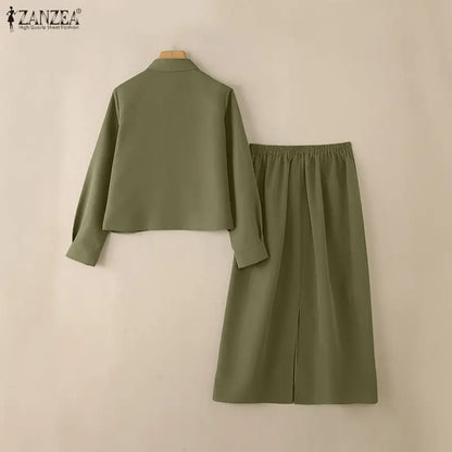 ZANZEA Fashion Women's Skirt Suits Autumn Long Sleeve Jackets and Elastic Waist Midi Skirts 2 Piece Sets Outfits Woman Clothes