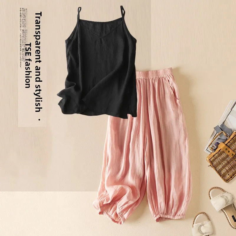 Summer Casual Cotton Linen Double Layer Lantern Pants Loose Elastic Waist Pure Color Wide Leg Harem Trousers for plus Size Women