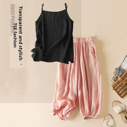 Summer Casual Cotton Linen Double Layer Lantern Pants Loose Elastic Waist Pure Color Wide Leg Harem Trousers for plus Size Women