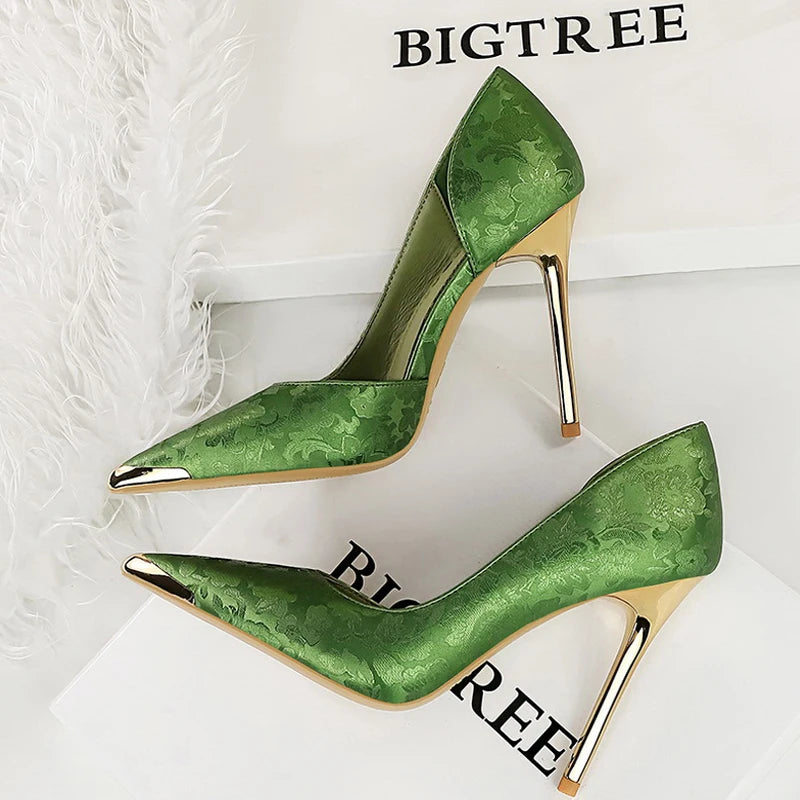BIGTREE Shoes Women 11 Cm Heels Silks Satins Woman Pumps Metal Pointed Toe High Heels Fashion New Female Pumps Sexy Party Shoes