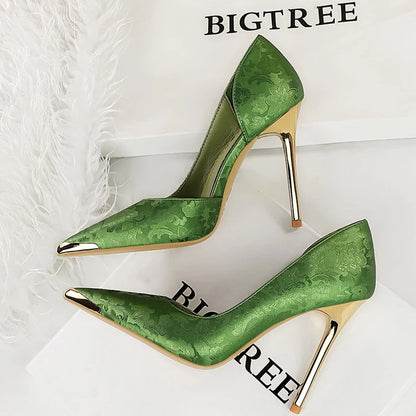 BIGTREE Shoes Women 11 Cm Heels Silks Satins Woman Pumps Metal Pointed Toe High Heels Fashion New Female Pumps Sexy Party Shoes