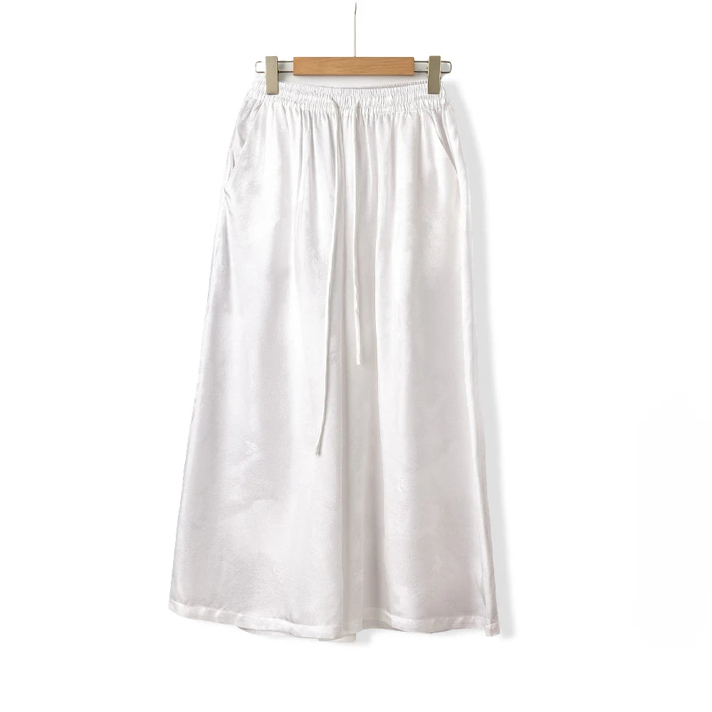 Plus Size Simple White Versatile 100% Natural Mulberry Silk SangBo Satin Drawstring Elastic Waist Women's Casual Wide Leg Pants