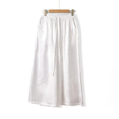 Plus Size Simple White Versatile 100% Natural Mulberry Silk SangBo Satin Drawstring Elastic Waist Women's Casual Wide Leg Pants