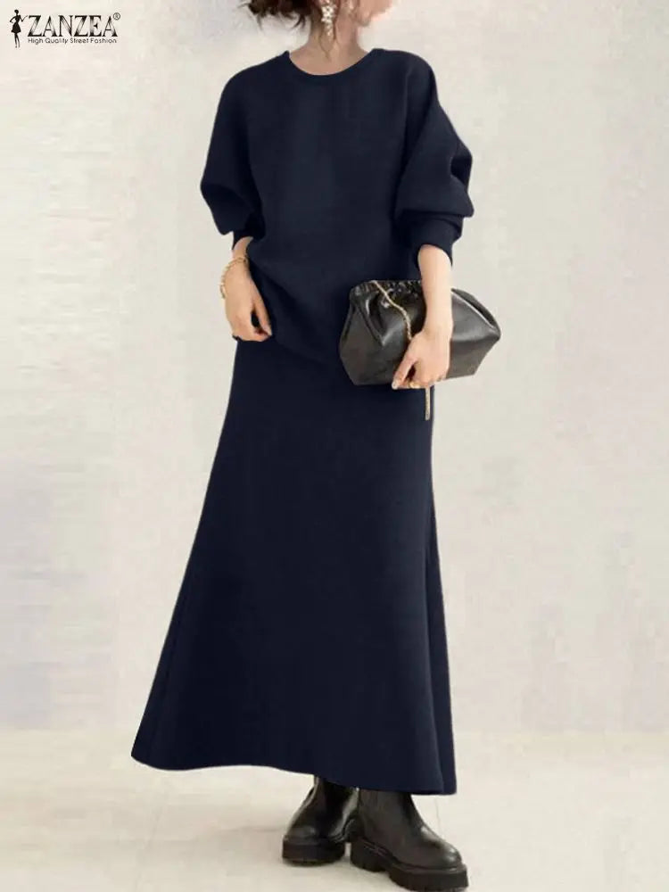 ZANZEA Women Autumn Pullover Sweatshirt and Elastic Waist A-Line Midi Skirt 2 Pieces Dress Sets Cozy Casual Solid Suits Outfits
