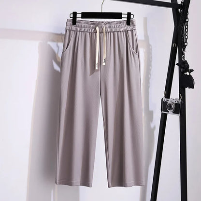 155Kg Plus Size Women's Summer Loose Straight High-Waisted Ice Silk Cropped Pants Hip 150 5XL 6XL 7XL 8XL 9XL 4Colors