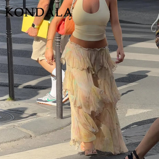 KONDALA 2026 Spring Summer Casual Women Print Skirts Fashion Elegant Tierred A Line Beach Style Chic Ladies Long Skirts