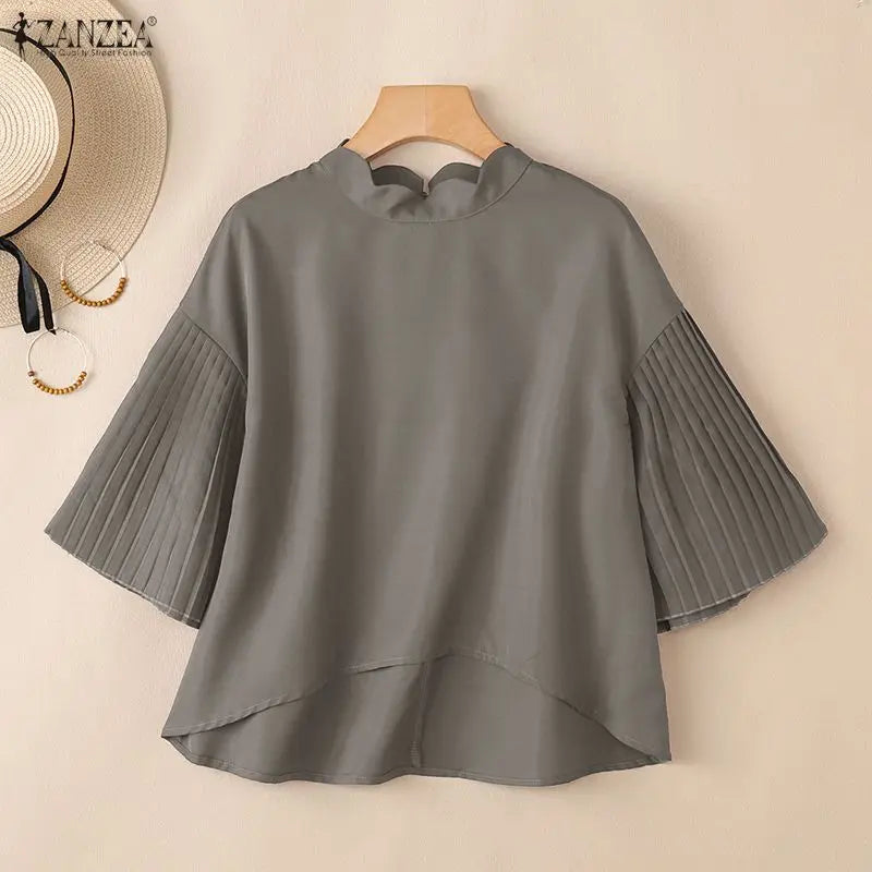 ZANZEA Elegant Women's High-Low Blouses Scalloped Mock Neck Pleated Flare Sleeves Solid Color Tops 2026 Summer Woman Clothes 3XL