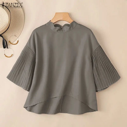 ZANZEA Elegant Women's High-Low Blouses Scalloped Mock Neck Pleated Flare Sleeves Solid Color Tops 2026 Summer Woman Clothes 3XL