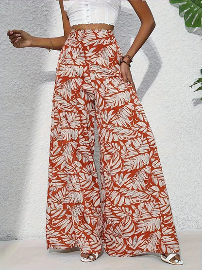 Ladies' summer floral print wide leg pants, elegant high waisted loose casual pants, suitable for vacation style