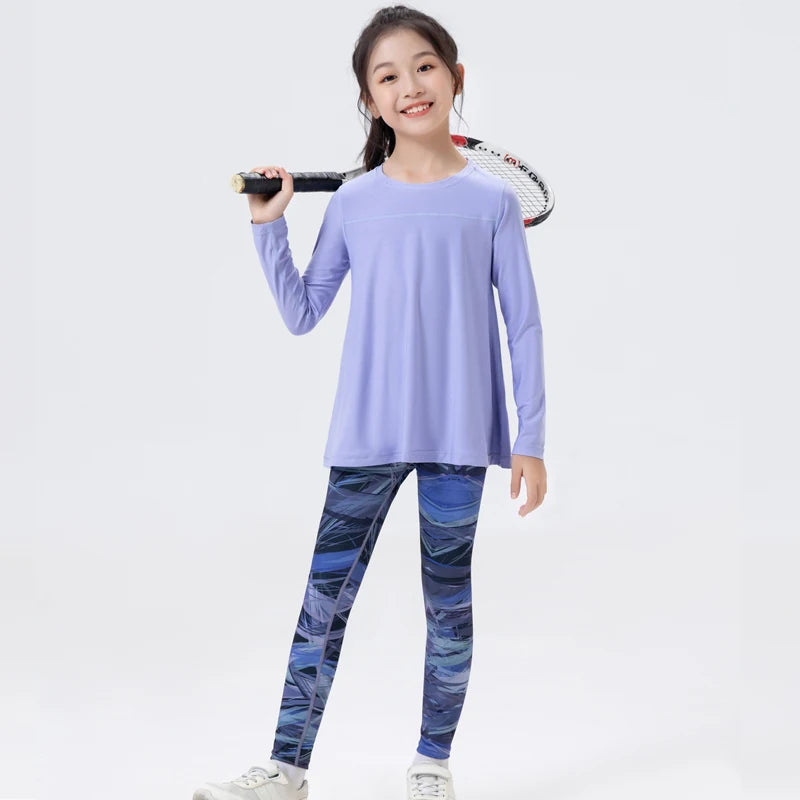 2pcs new kids running yoga shark pants sports quick-drying long sleeve set girls fitness dance clothes