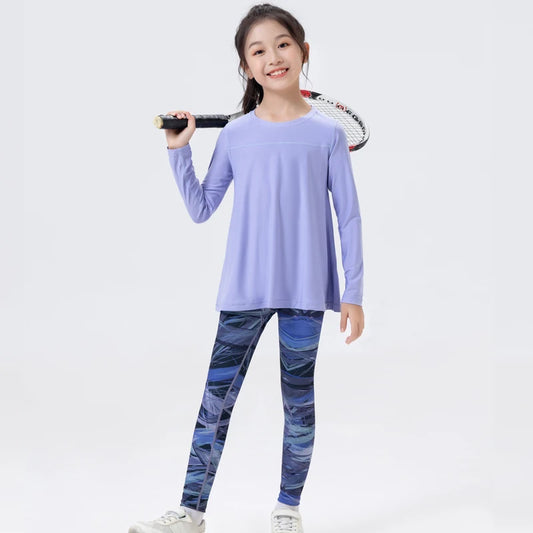 2pcs new kids running yoga shark pants sports quick-drying long sleeve set girls fitness dance clothes