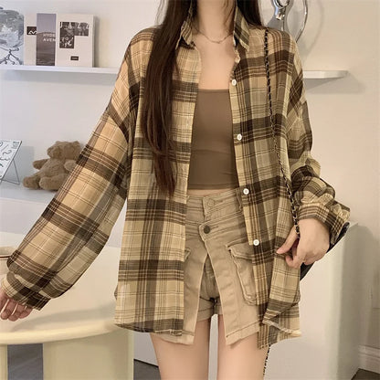 Sheer Chiffon Plaid Shirt for Women Ovesized Collared Button-down Blouse Summer Laides Slouchy Casual Outfit