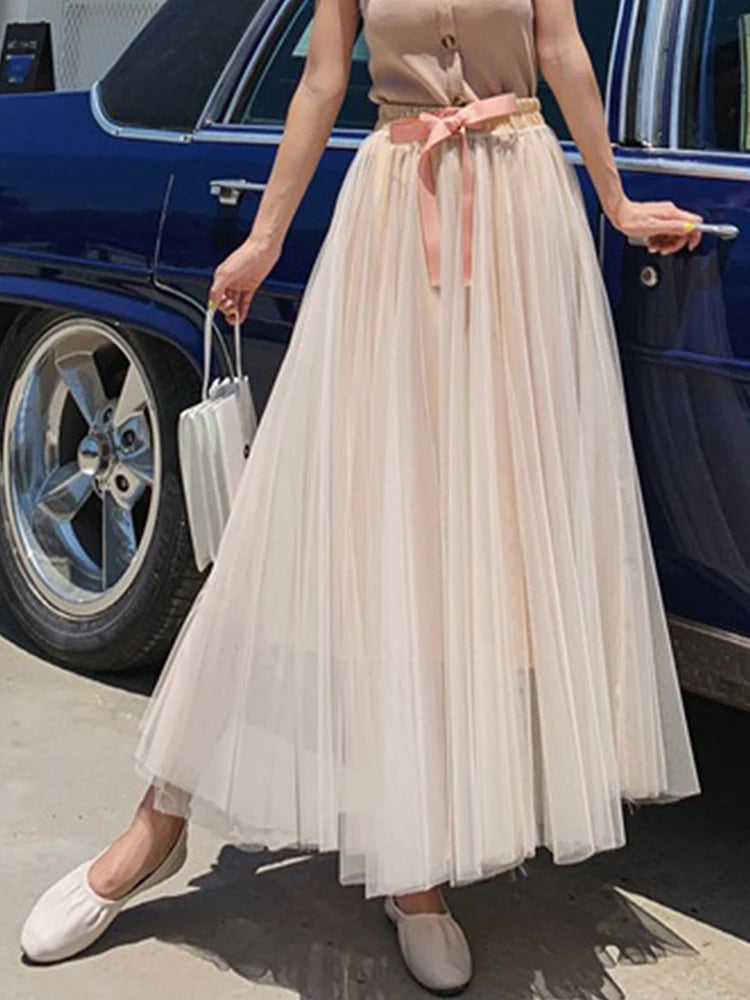 Hot Sale Summer Pleated Long Skirts A-line Elastic Waist Fairy Tiered Skirt Women 2 Layers Color Contrast Women's Skirts
