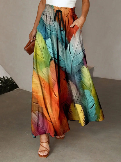 Colorful Feather Printed Wide Leg Pants Women's Elapsed Waist Pleated Pocket Design Loose Draped All-match Casual Pants