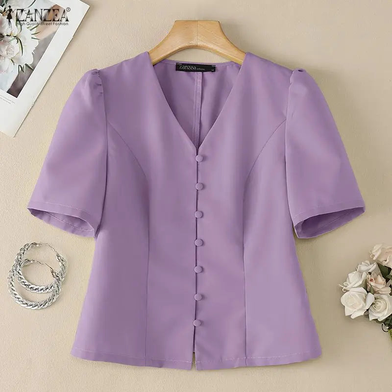 ZANZEA Elegant Woman Princess Seam Blouses Summer V-Neck Puff Sleeves Button Up Solid Short Tops Sophisticated Date Night Blusas