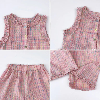 Pink Girl's Summer Two-piece Set with Single Breasted Sleeveless Top and Casual Pants, New Children's Sets Kids Clothes