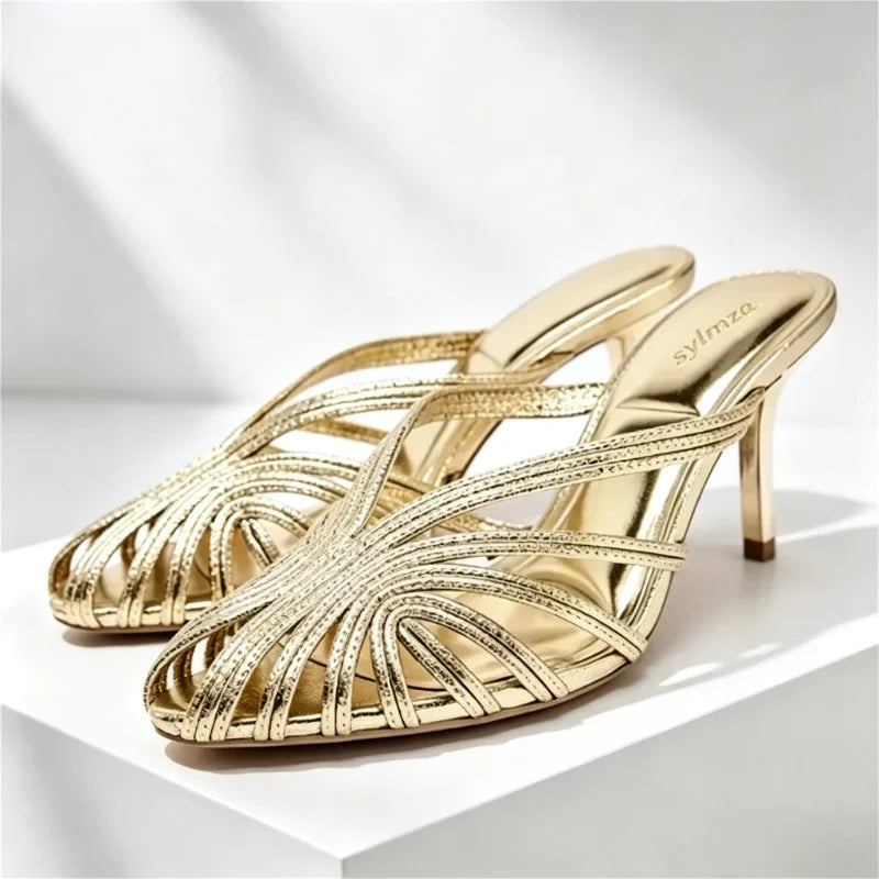 Golden Hollow Muels Sandals Women Sexy Thin High Heels for Ladies Elegant Gladiator Sandals Summer Comfortable Women Slippers