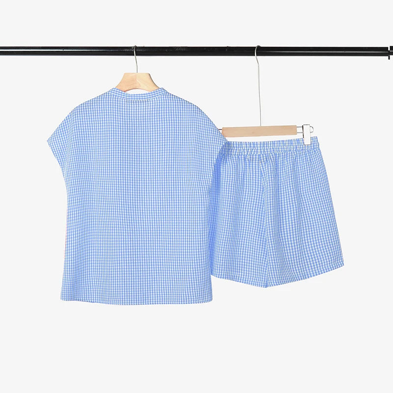 2026 ZANZEA Fashion Summer 2 Piece Sets Women Short Sleeve Plaid Blouse Short Sets Holiday Tracksuit Casual Work Outfit Oversize