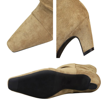 Retro Style Square Toe Western Cowboy Boots Women Shoes Suede Pleated Mid-Calf Boots Chunky Heel High Heel Boots Winter Shoes