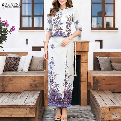 ZANZEA Stylish Summer 2 Pieces Sets Printed Outfits Elegant Women Dress Sets O Neck Half Sleeve Floral Blouse Maxi Skirt Suit