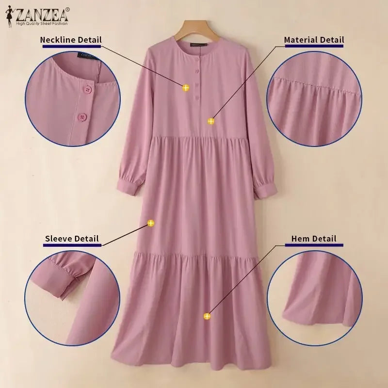 ZANZEA Elegant Muslim Abaya Hijab Long Dress Women Long Sleeve Ramadan Robe Spring Sundress Solid Loose Maxi Vestido Kaftan 2026