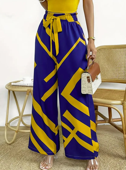 Geometric Pattern Print Wide Leg Pants Casual Loose Bow Front High Waist Pants For Every Day, Women's Clothing