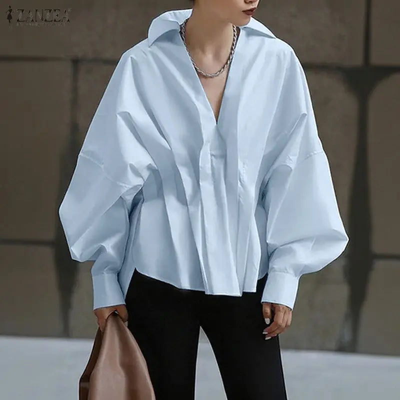 ZANZEA Women's Stylish Chic Oversized Blue Blouses Turn-Down V-Neck Lantern Sleeves High-Low Hem Tops Minimalist Solid Blouse