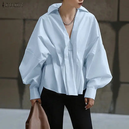 ZANZEA Women's Stylish Chic Oversized Blue Blouses Turn-Down V-Neck Lantern Sleeves High-Low Hem Tops Minimalist Solid Blouse