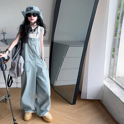 New Fashion Kids Girls Overalls Jumpsuit Jeans Loose Casual Children Denim Bib Suspender Pants Teenagers Denim Dungarees 5-14 T