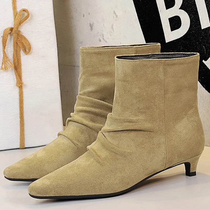 BIGTREE Shoes Retro Women Short Boots Suede Pleated Women Boots Low Heeled Autumn Winter Boots Quality Comfort Ladies' Shoes