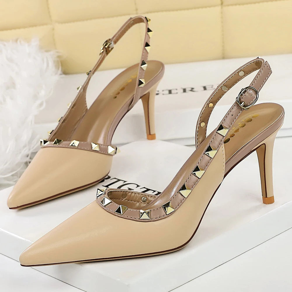 BIGTREE Shoes Rivet Design Women Pumps Stiletto Heels 6.5 Cm Hollowed-out Kitten Heels Buckle Sexy Party Shoes Summer Sandals