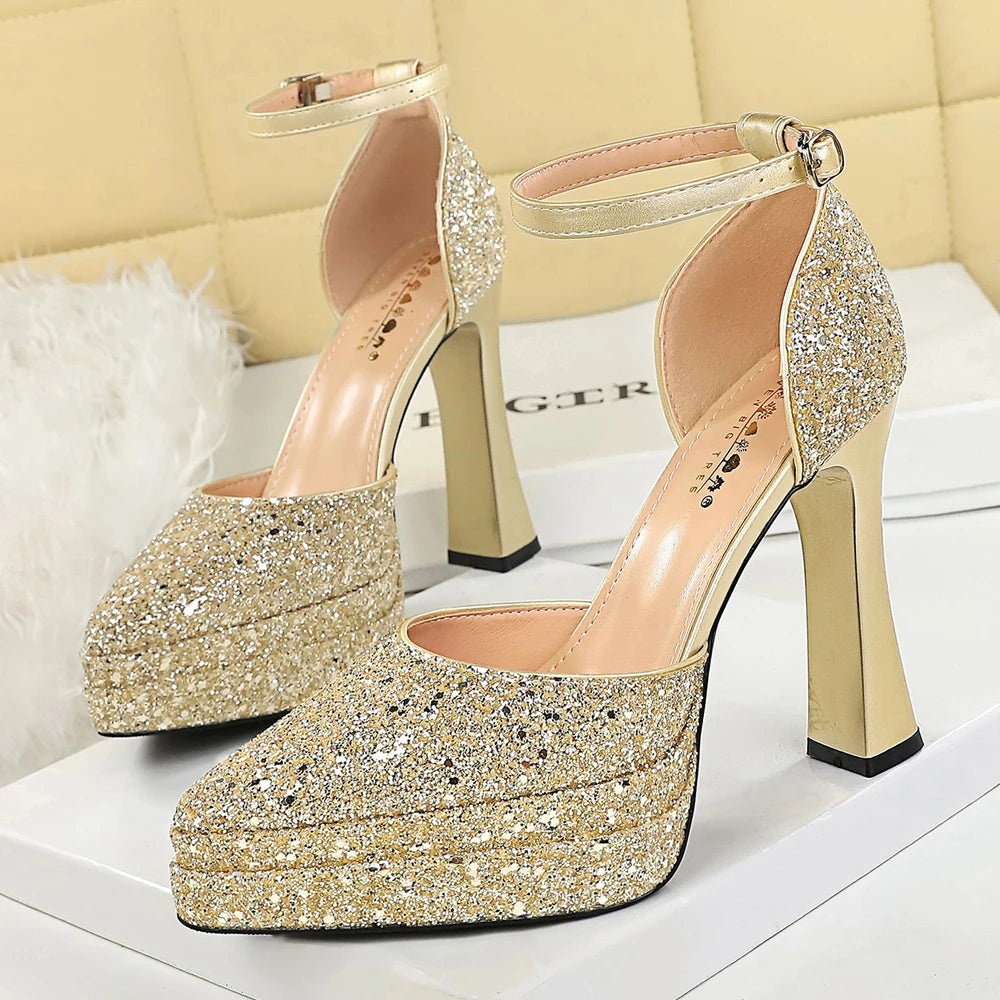 BIGTREE Shoes Sequin Women Pumps Double Layer Platform Heels Women Shoes Luxury Banquet Shoes High-heeled Sandals Summer Shoes