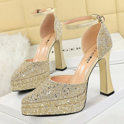 BIGTREE Shoes Sequin Women Pumps Double Layer Platform Heels Women Shoes Luxury Banquet Shoes High-heeled Sandals Summer Shoes