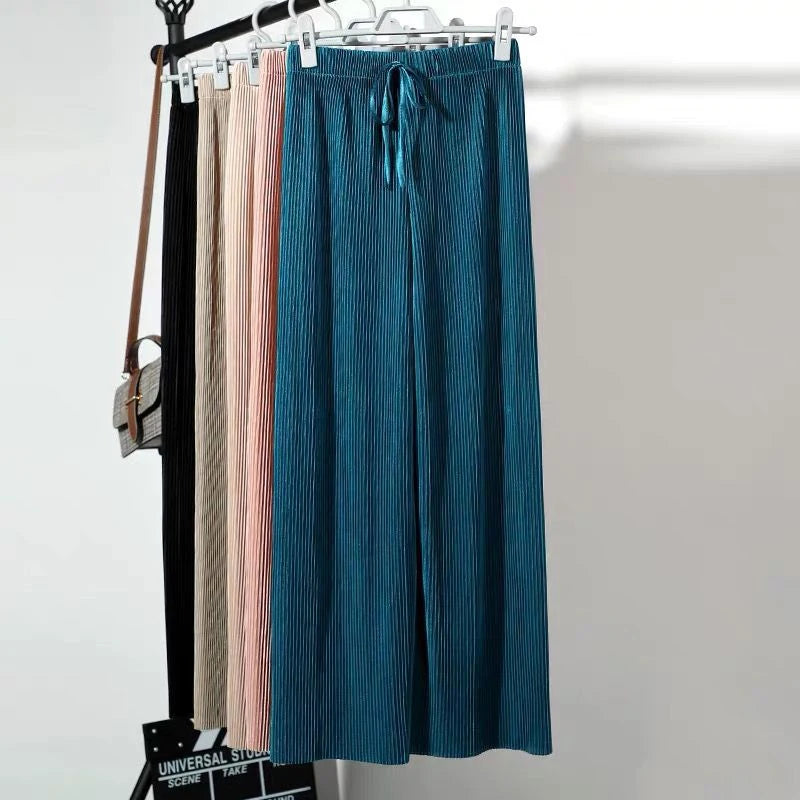 Women Fashion Summer Wide Leg Pants Pleated Ice Silk Trousers Elastic Waist Loose Casual Pants