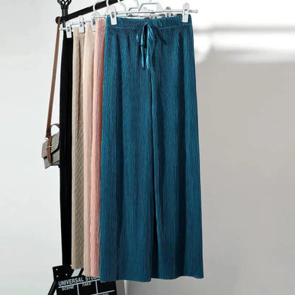 Women Fashion Summer Wide Leg Pants Pleated Ice Silk Trousers Elastic Waist Loose Casual Pants