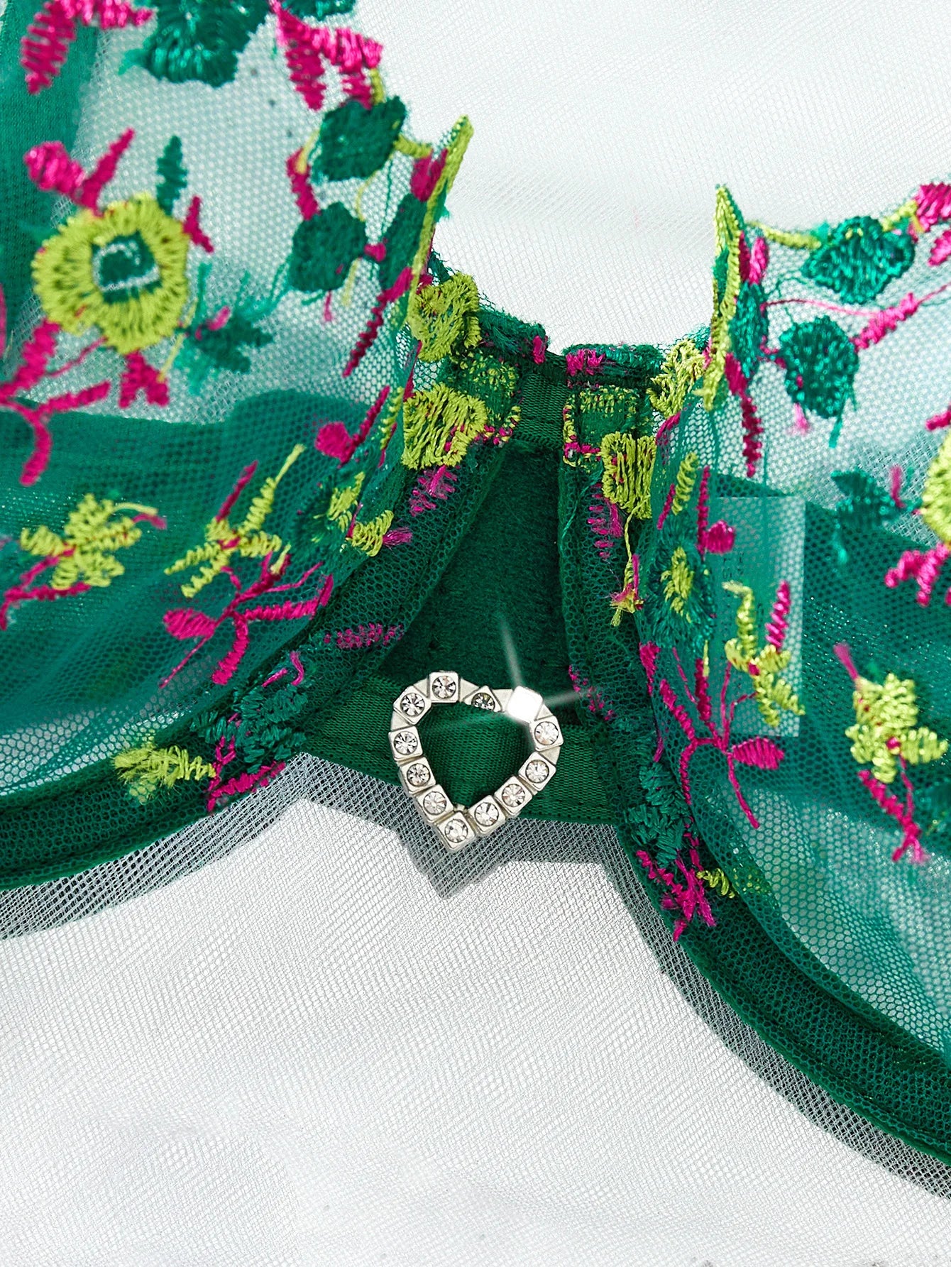 Green Floral Embroidery Lingerie Set 2PCS Sheer Mesh Bra & Panty Women Sexy Underwear Gift ZA824026