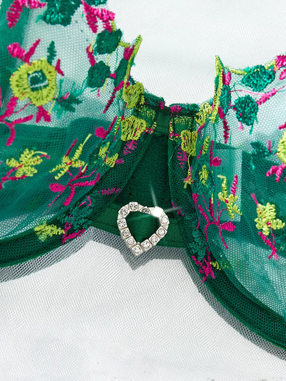Green Floral Embroidery Lingerie Set 2PCS Sheer Mesh Bra & Panty Women Sexy Underwear Gift ZA824026