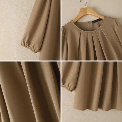Casual ZANZEA Summer Autumn Women Blouse Elegant 3/4 Lantern Sleeve Pleated O-Neck Solid OL Work Party Tunic Tops Blusas