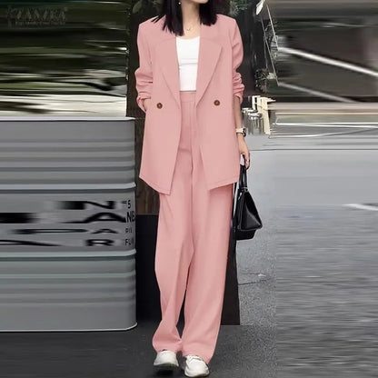 ZANZEA Women's Elegant Pant Suits Office Wear Long Sleeve Blazer and Wide Leg Pants 2 Piece Sets Woman Casual Lightweight Outfit