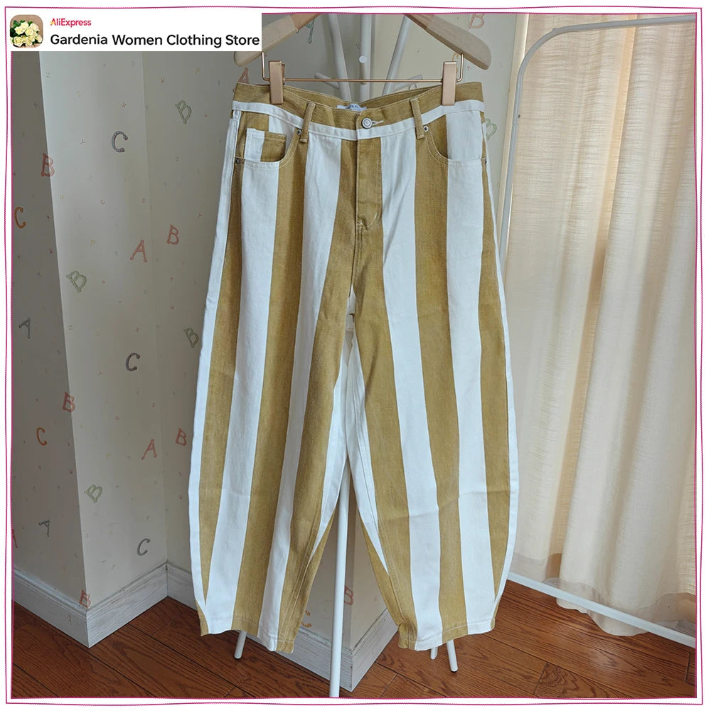 Fashion High-rise Striped Jeans for Women New in Tapered Jeans with Contrasting Stripes Stylish Cowgirls Pants with Five-pockets