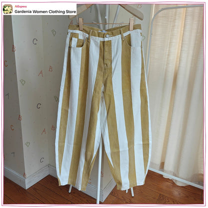 Fashion High-rise Striped Jeans for Women New in Tapered Jeans with Contrasting Stripes Stylish Cowgirls Pants with Five-pockets