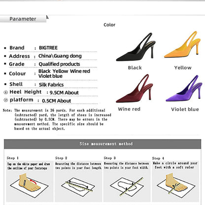 BIGTREE Shoes New Silks Satins Women Pumps Rear Strap Pointed End High Heels Stiletto Heels 9.5 Cm Summer High-Heeled Sandals