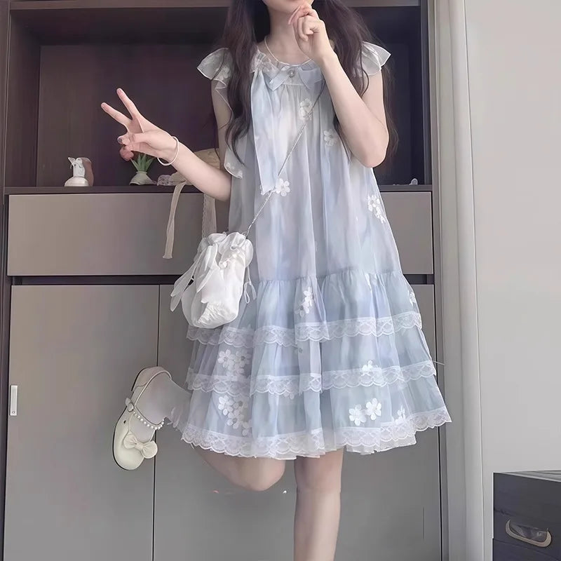 2026 summer Kids Girls SKY BLUE lace sleeveless mesh floral Princess Teenager New layered Dress Clothing 3 4 8 9 12 14 Years