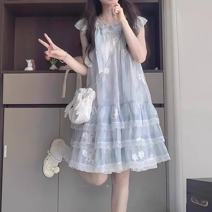 2026 summer Kids Girls SKY BLUE lace sleeveless mesh floral Princess Teenager New layered Dress Clothing 3 4 8 9 12 14 Years