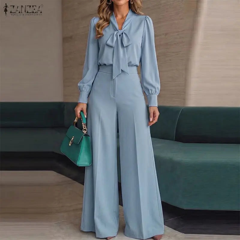 ZANZEA Women Elegant Chic Matching Pant Sets Tie Neck Long Sleeve Blouses & Wide Leg Pants 2pcs Suits Office Commute Wear Outfit