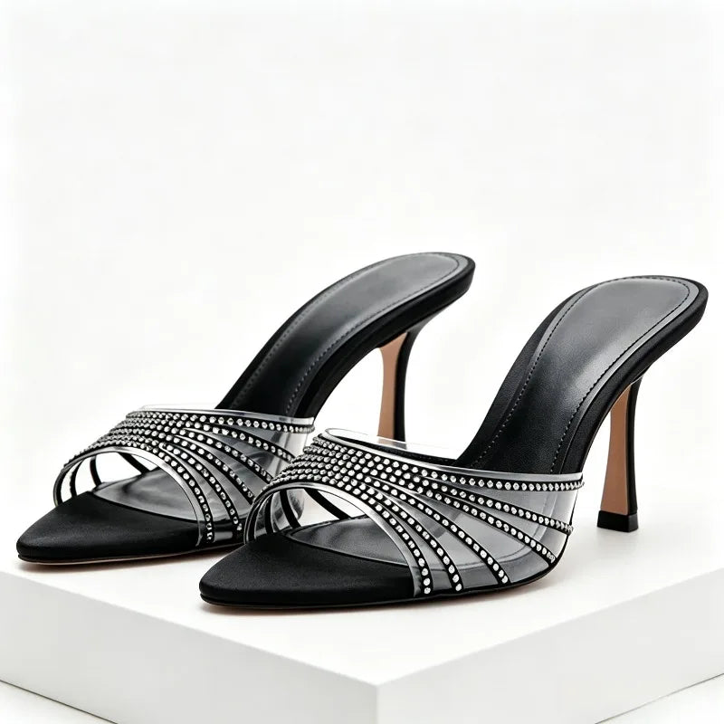 Sexy Pointed Peep Toe Heeled Sandals Women Luxury Rhinestone Detail Stiletto Heel Slippers for Ladies Summer Elegant High Heels