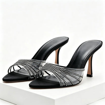 Sexy Pointed Peep Toe Heeled Sandals Women Luxury Rhinestone Detail Stiletto Heel Slippers for Ladies Summer Elegant High Heels