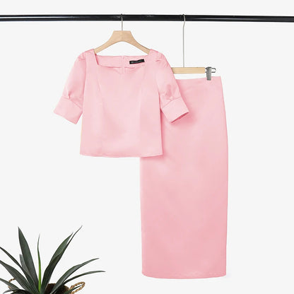 ZANZEA Women's Elegant Satin Skirt Sets Square Neck Short Puff Sleeve Crop Tops & Maxi Skirts 2 Pieces Suits Classy Party Outfit