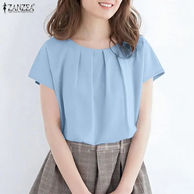 ZANZEA Women Summer Short Sleeve Blouses Casual Chic O-Neck Pleated Front Solid Color Tops Minimalist Loose Blusas de Mujer